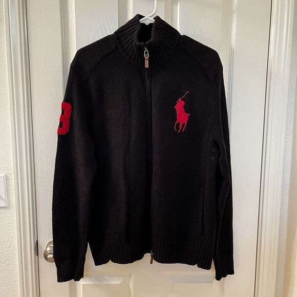 Polo Ralph Lauren Black Lambswool Cardigan Sweater Big Pony Men's Size Large - Picture 1 of 16